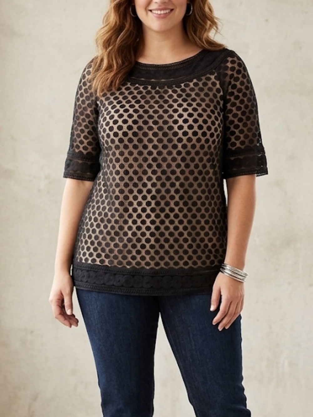 Max Studio Black Lace Dot Overlay Top Nude Lining Sophisticated Elegant Romantic